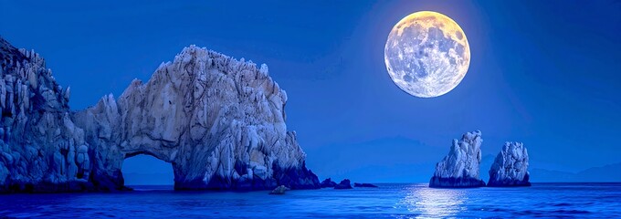Serenity in Blue: Full Moon Over Sea Arch and Rocky Outcrops. Tranquil Seascape for Calmness and Meditation Visuals. AI - obrazy, fototapety, plakaty
