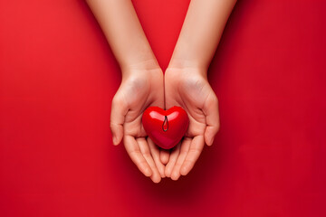 A pair of hands forming a heart shape, with a red blood drop in the center, isolated on a life-saving crimson background for World Blood Donor Day