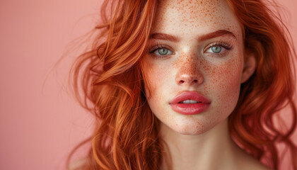 Naklejka premium Portrait of a beautiful red-haired girl on a pink background