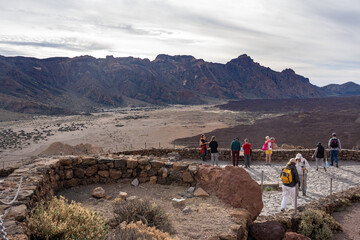 Tenerife, Spain - 04.12.2023: Tourists at a viewpoint in Teide National Park in Tenerife