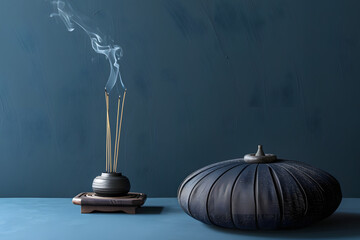 A serene meditation cushion and incense burner, placed on a calming indigo background, representing peaceful meditation for International Yoga Day