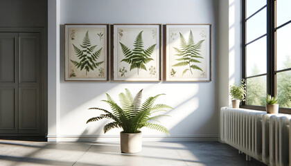 A well-lit interior scene featuring three wide-format framed pictures hanging on a clean white wall. Each frame contains a detailed botanical print
