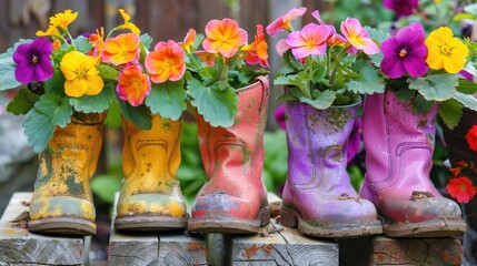 Spring and Easter garden decor featuring vibrant primroses in boots