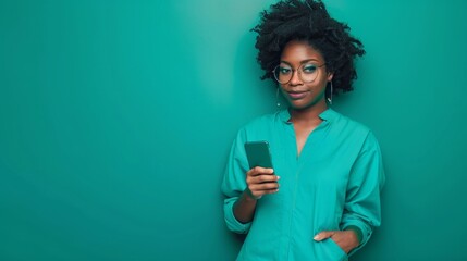 Photo portrait of attractive retired woman gadget look empty space wear trendy smart casual clothes isolated on cyan color background