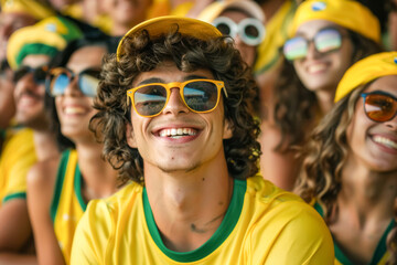 Fototapeta premium Brazilian football soccer fans in a stadium supporting the national team, Seleção 
