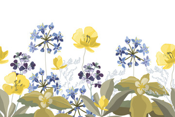 Vector floral seamless pattern, border with blue and yellow flowers.