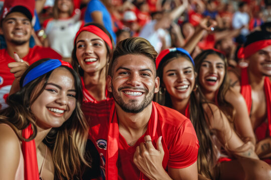 Chilean football soccer fans in a stadium supporting the national team, La Roja

