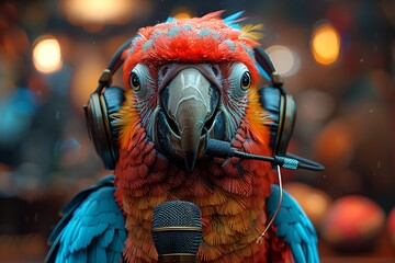 Parrot football commentator with vintage microphone and big earphones. comical angry parrot with a very gaint beak, a very small head and one eye larger than the other.