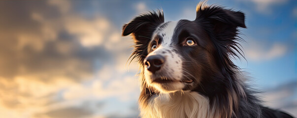 Border collie against dramatic sunset light. Dog wide banner. copy space for text