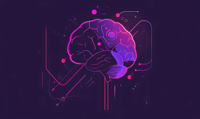 Neon human brain on dark background. Artificial intelligence concept. Vector illustration