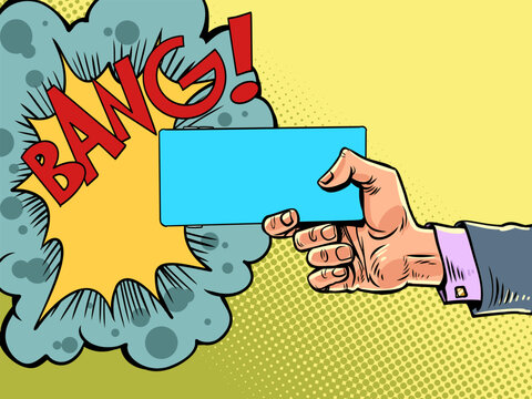 A man's hand holds a blank ticket and shoots from it. Comic book style for advertising design. Breaking Black Friday for customers.