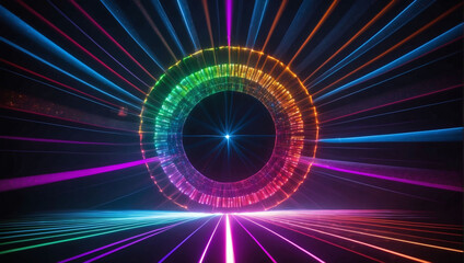 Vibrant laser disco display, Array of multicolored lights emanating in beams, creating a captivating circle of illumination. - obrazy, fototapety, plakaty