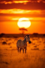 Fototapeta premium A lone zebra streaks across a vast, golden savanna, its black and white stripes a stark contrast to the endless expanse of the African sunset