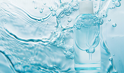 bottle of cosmetic oil in water with bubbles on blue background.