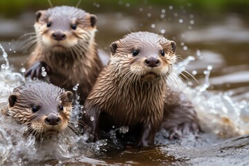 A playful pack of otters frolics in a cascading waterfall, their sleek bodies twisting and turning in a dance of pure joy