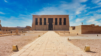 Soft focus image of the Temple of Dendera with Hathor Heads topping the columns on a bright sunny...