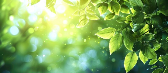 Obraz premium A vibrant, natural green backdrop featuring abstract leaf patterns, illuminated by the warm summer sunlight, with space in the center for your text or ad.