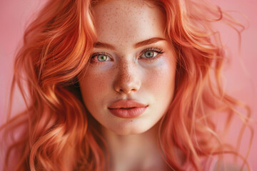 beautiful red-haired freckled young woman on a pink background