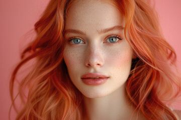 Naklejka premium beautiful red-haired freckled young woman on a pink background