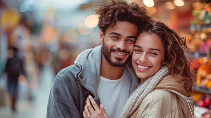 Beautiful young loving couple while shopping.