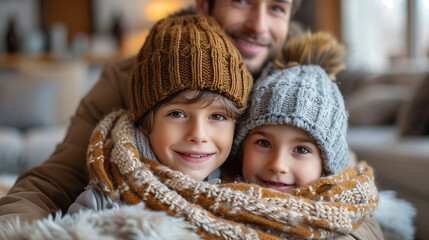 Obraz premium Happy family with little son having fun at home. Winter vacation.