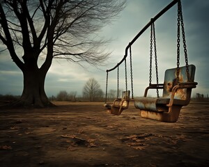 Childrens laughter echoes hollowly in deserted playgrounds, the swings swaying eerily under a sky choked with toxic particulates