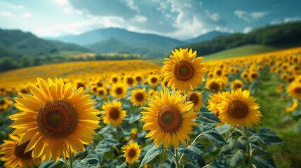 Sunflower Field With Mountain Background