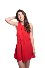 Woman in cute minimalist bright dress happy on transparent background PNG