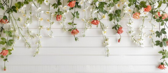 Flowers arranged on a white wooden backdrop with a top-down view and room for text.