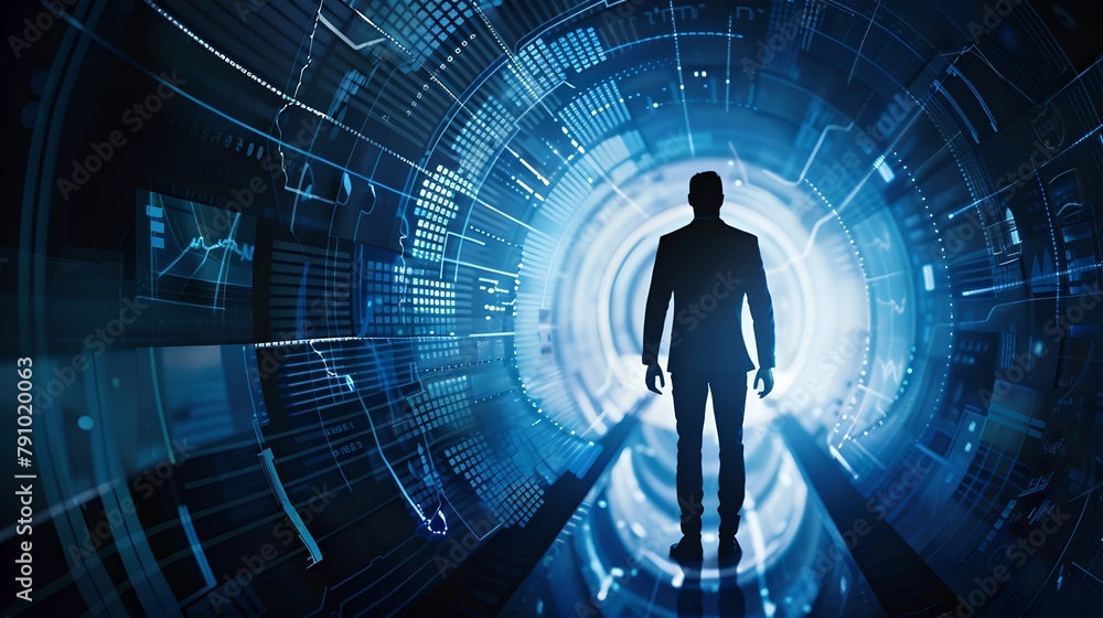 Poster silhouette of a man in a futuristic data tunnel. digital technology and cyber concept. virtual reali