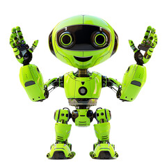 Cute green Android robot raising hands to greet humans on PNG transparent background.