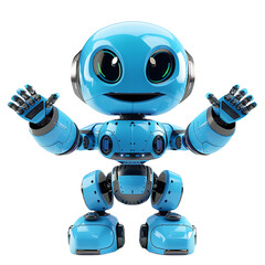 Cute blue Android robot raising hands to greet humans on transparent background PNG