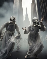 Ghostly figures flit through the concrete jungle, faces obscured by respirators, a silent ballet dictated by toxic air