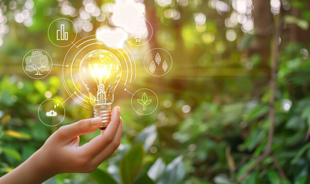Hand holding light bulb on nature background. Green eco energy concept.