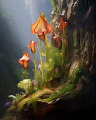 In a hidden crevice of a weathered rock face, a tiny wildflower defies the odds, its delicate bloom a testament to the tenacity of life 7 A pitcher plant, a cunning carnivore, unfurls its modified lea - obrazy, fototapety, plakaty