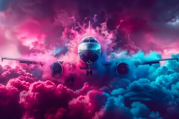 An airplane ascending into a sky with pink and blue cotton candy-like clouds. - obrazy, fototapety, plakaty