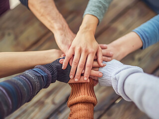 Group of people holding hands together, closeup. Unity concept.