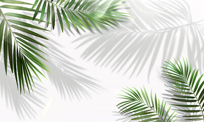 Tropical palm leaves shadow on white background with copy space. Minimal summer concept. 3D Rendering. Vector illustration.