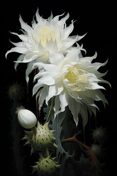 Under the watchful gaze of a watchful moon, a nightblooming cereus awakens, its magnificent white petals unfurling for a single, magical night
