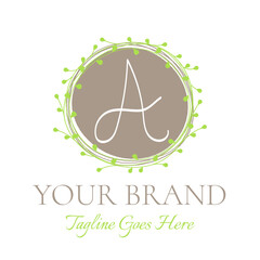 A Letter Brown and Green Round Floral Logo