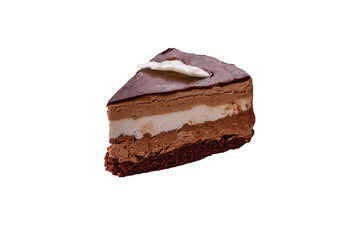 Piece of delicious sweet chocolate cake with sponge cake and cream