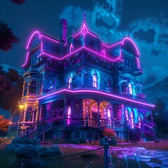 Halloween Neon Victorian house classic style fog and mystery background wallpaper