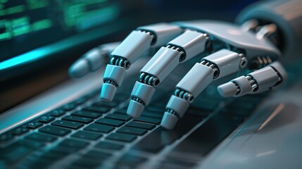 Futuristic robot hands, typing and working with a laptop keyboard. Artificial intelligence concept of a chatbot robot.