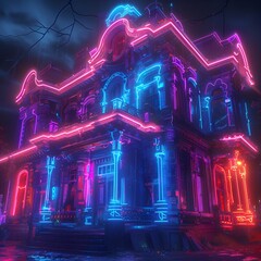 Halloween Neon Victorian house classic style fog and mystery background wallpaper