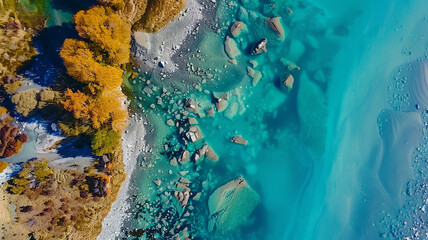 Lake Tekapo, Neuseeland, Drohnenbilder über dem See mit Bergpanorama der Southern Alps, Landschaften und Pflanzen zu unterschiedlichen Tages- und Jahreszeiten. Generative KI. - obrazy, fototapety, plakaty