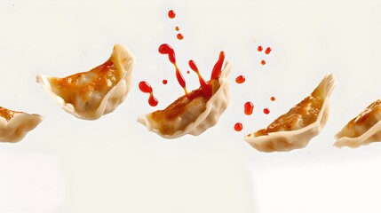 Dynamic frozen motion of dumplings with splashing sauce. Creative capture, food in action. Culinary photography, white background. AI - obrazy, fototapety, plakaty