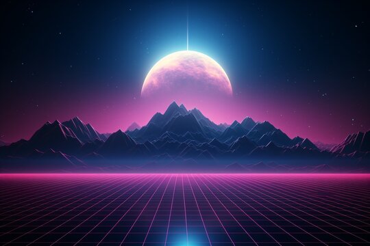 Vaporwave Landscape background, Synthwave wallpaper, sunset with mountains and palm trees, Retro 80s science fiction background, Synthwave 90s neon background, sci fi sunset Scenery, AI Generative