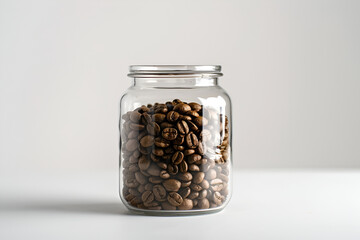 Roasted coffee beans in a transparent glass jar. White background