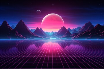 Vaporwave Landscape background, Synthwave wallpaper, sunset with mountains and palm trees, Retro 80s science fiction background, Synthwave 90s neon background, sci fi sunset Scenery, AI Generative