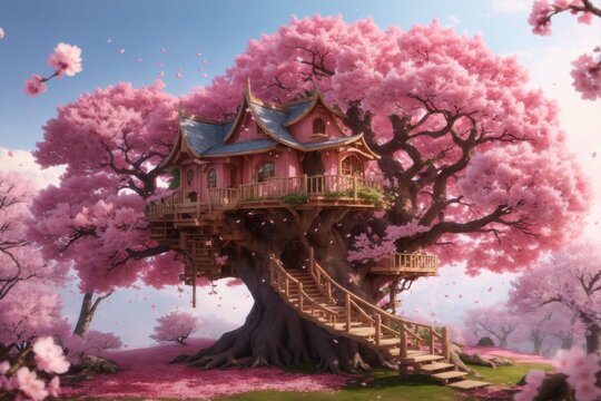 Mystical Treehouse in Cherry Blossom Tree, Fantasy treehouse surrounded by magical blossoms, Treehouse Wallpaper, Beautiful Sakura Tree with a house, Mystical Treehouse, AI Generative
